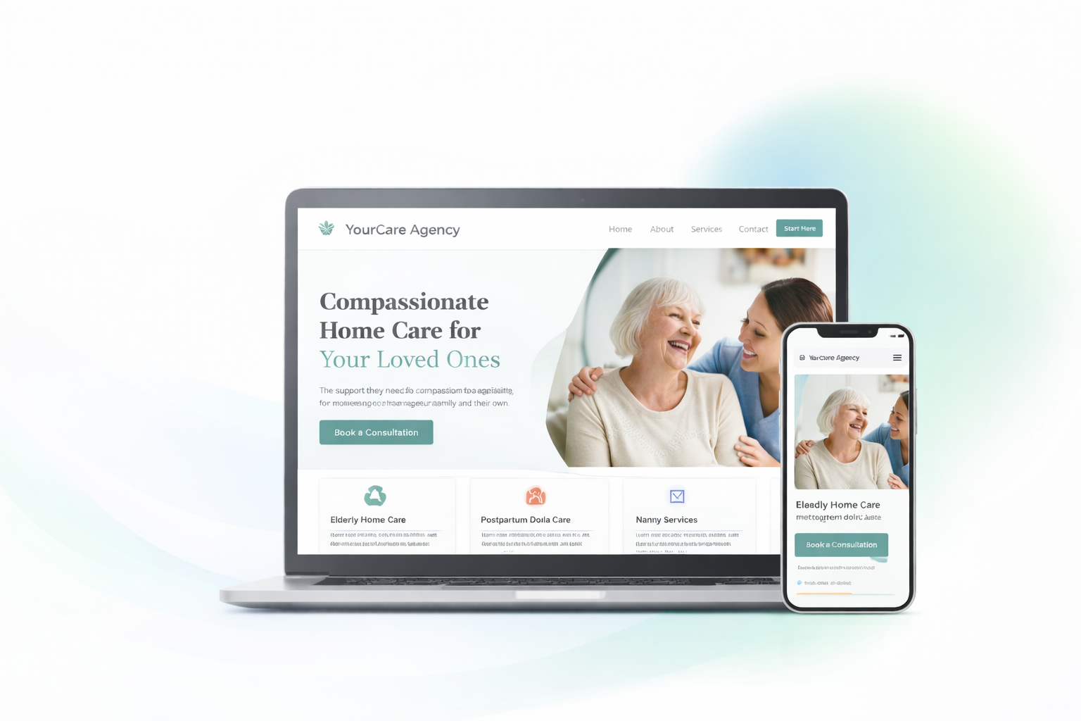 Care service website mockup on laptop and phone